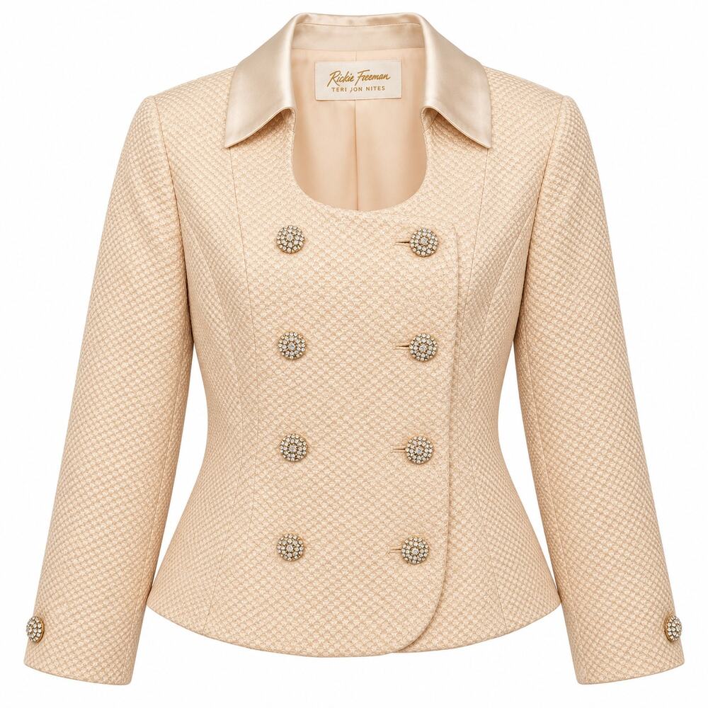 Cream Textured Rhinestone Button Jacket Blazer